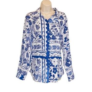 Joie Linen Shirt, Women’s Blue White Tropical Floral, Long Sleeve, Size Large